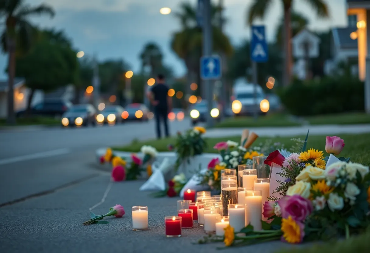 Vigil for a shooting victim in St. Petersburg with candles and flowers.