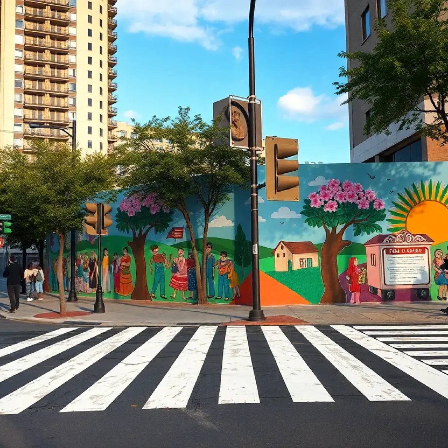 Vibrant decorative crosswalk with pedestrians