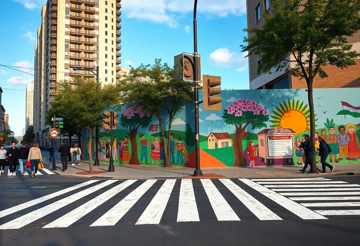 Vibrant decorative crosswalk with pedestrians