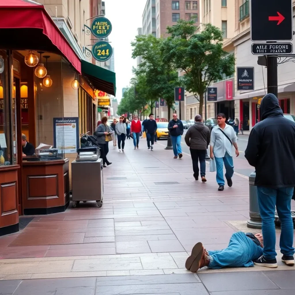 A busy street in St. Petersburg showing a restaurant next to individuals experiencing homelessness.