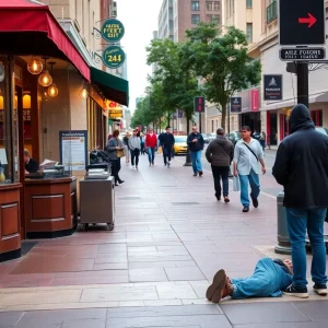 A busy street in St. Petersburg showing a restaurant next to individuals experiencing homelessness.