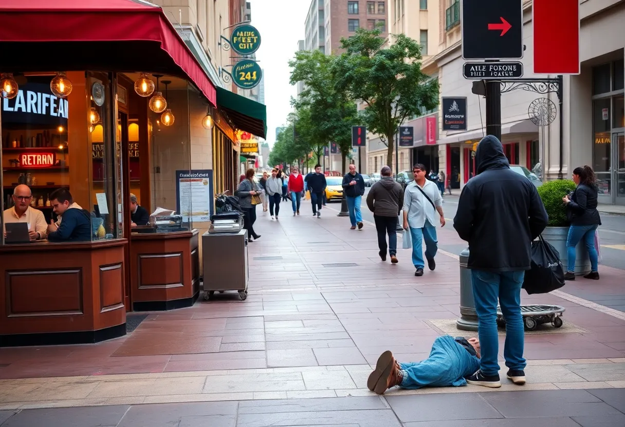 A busy street in St. Petersburg showing a restaurant next to individuals experiencing homelessness.