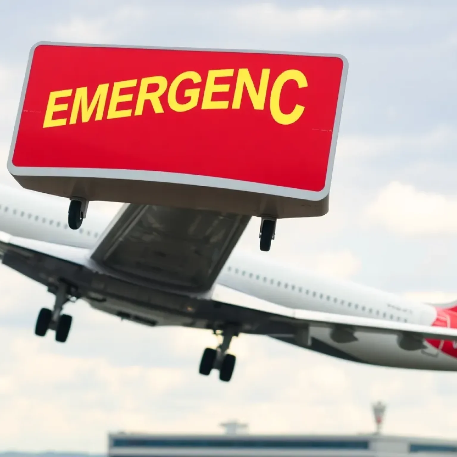 An airplane in the sky with emergency signs illustrating an aviation safety scenario.