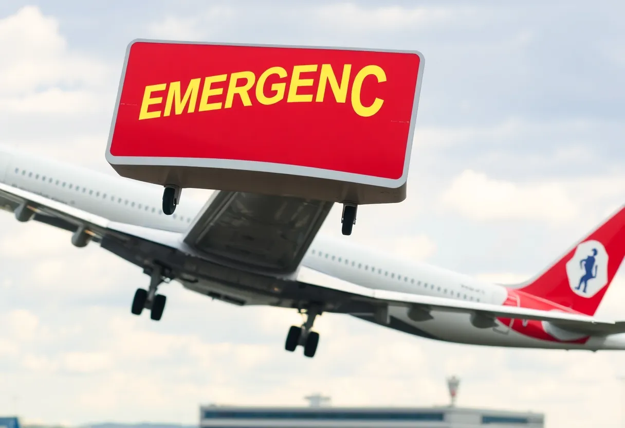 An airplane in the sky with emergency signs illustrating an aviation safety scenario.