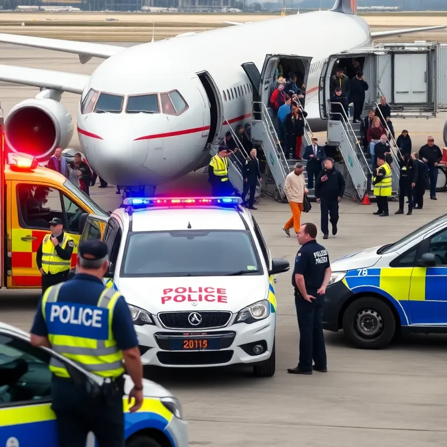 Emergency response teams and passengers at St. Pete-Clearwater International Airport following a bomb threat incident.