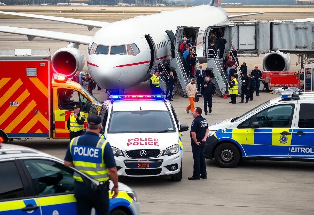 Emergency response teams and passengers at St. Pete-Clearwater International Airport following a bomb threat incident.