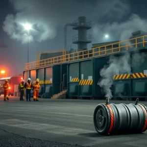 Emergency response teams at a solid waste facility after a minor explosion.
