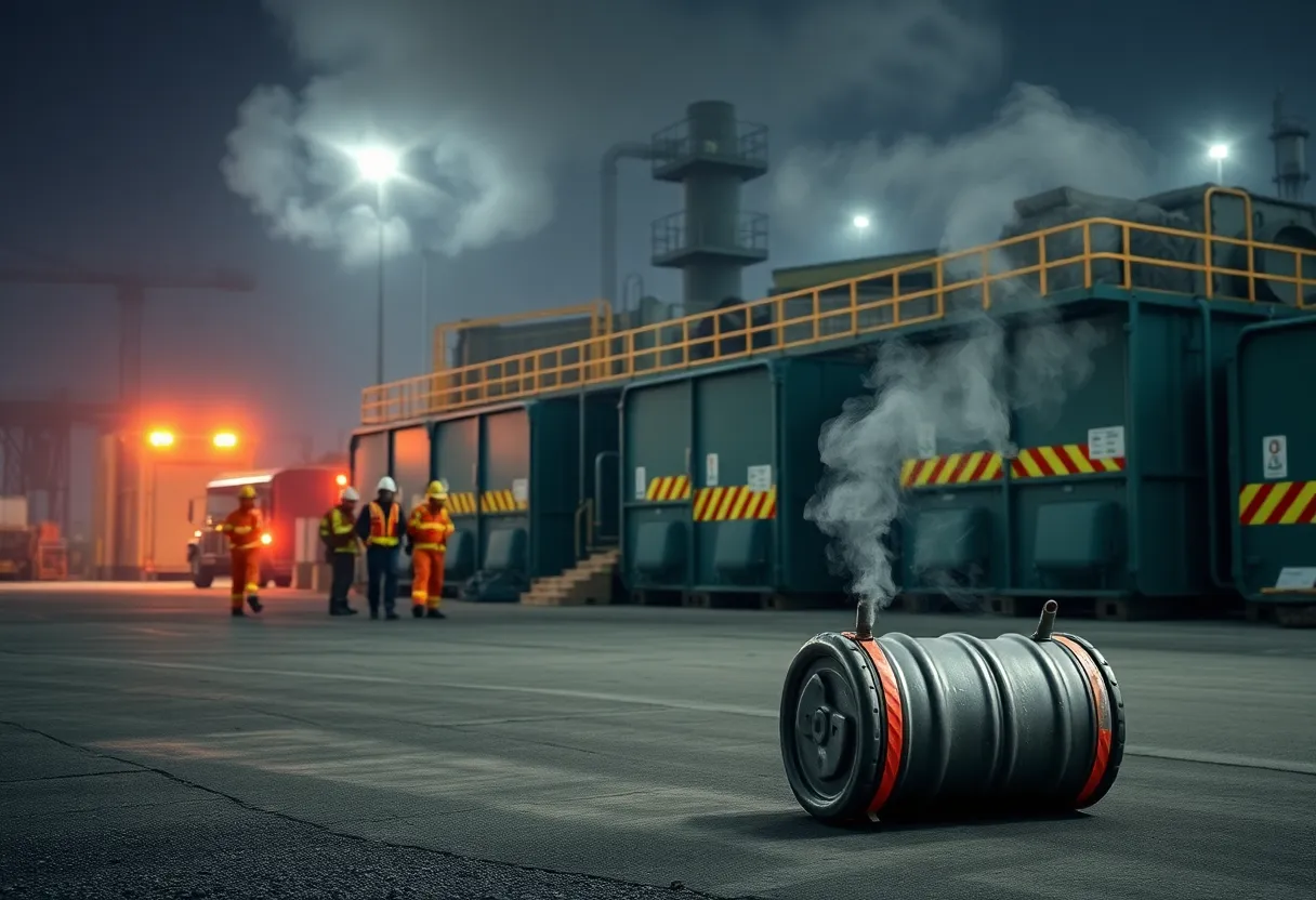 Emergency response teams at a solid waste facility after a minor explosion.