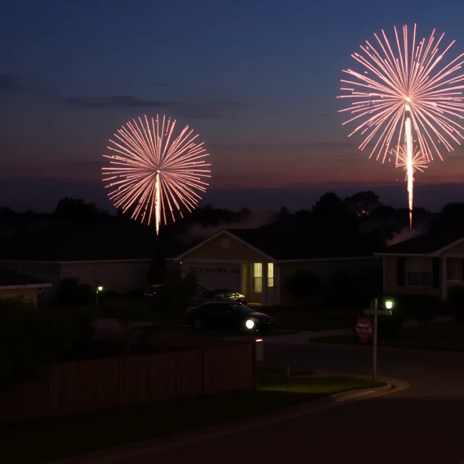 Fireworks being lit in a residential area in St. Petersburg