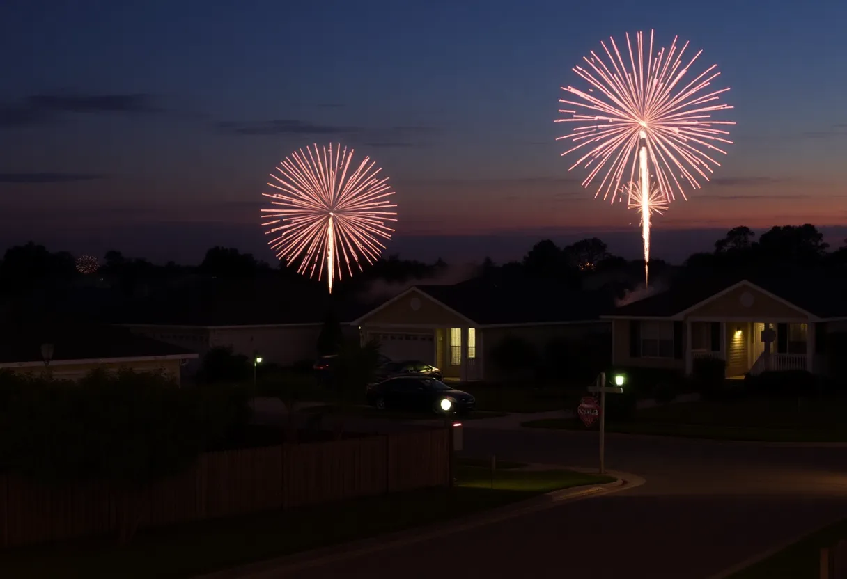 Fireworks being lit in a residential area in St. Petersburg