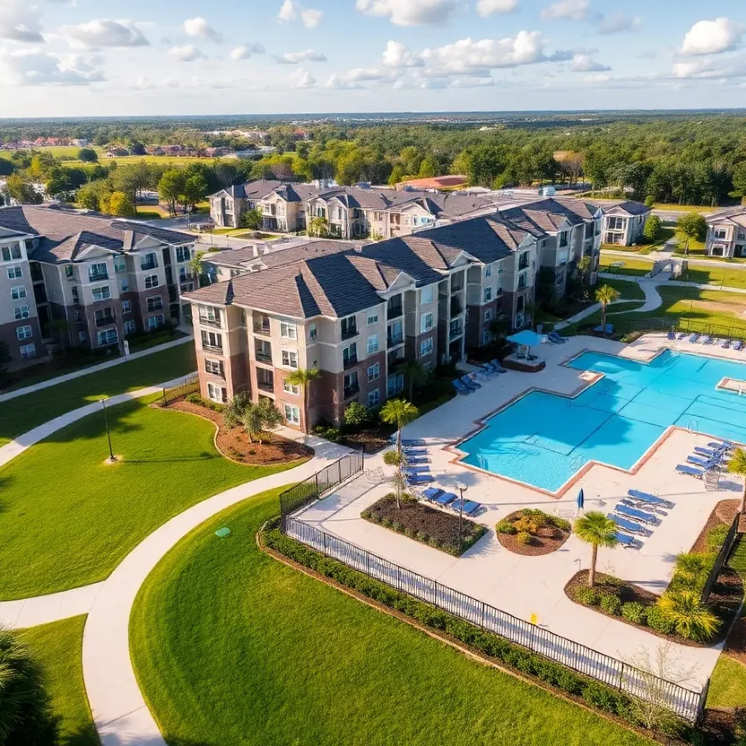 Aerial view of Gateway on 4th Apartments complex with green landscapes