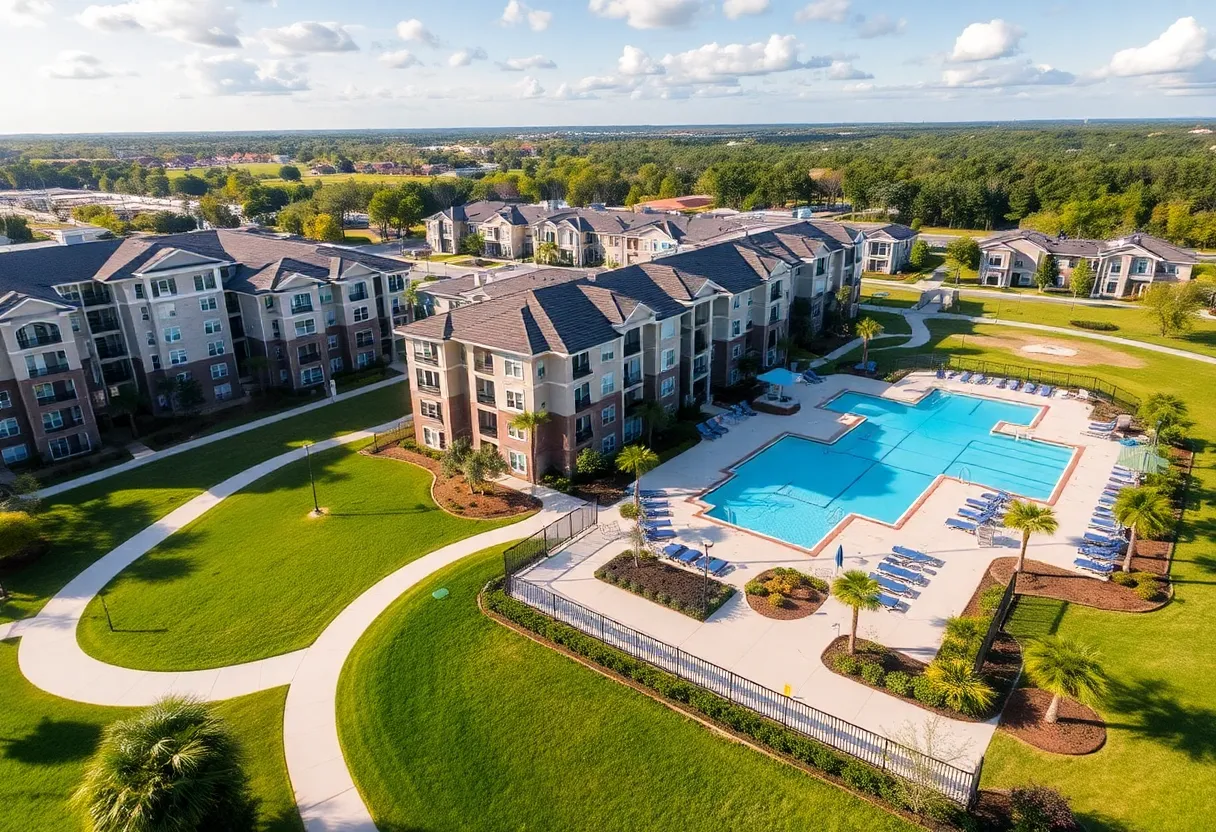 Aerial view of Gateway on 4th Apartments complex with green landscapes