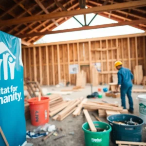 Construction site of Habitat for Humanity showing building materials