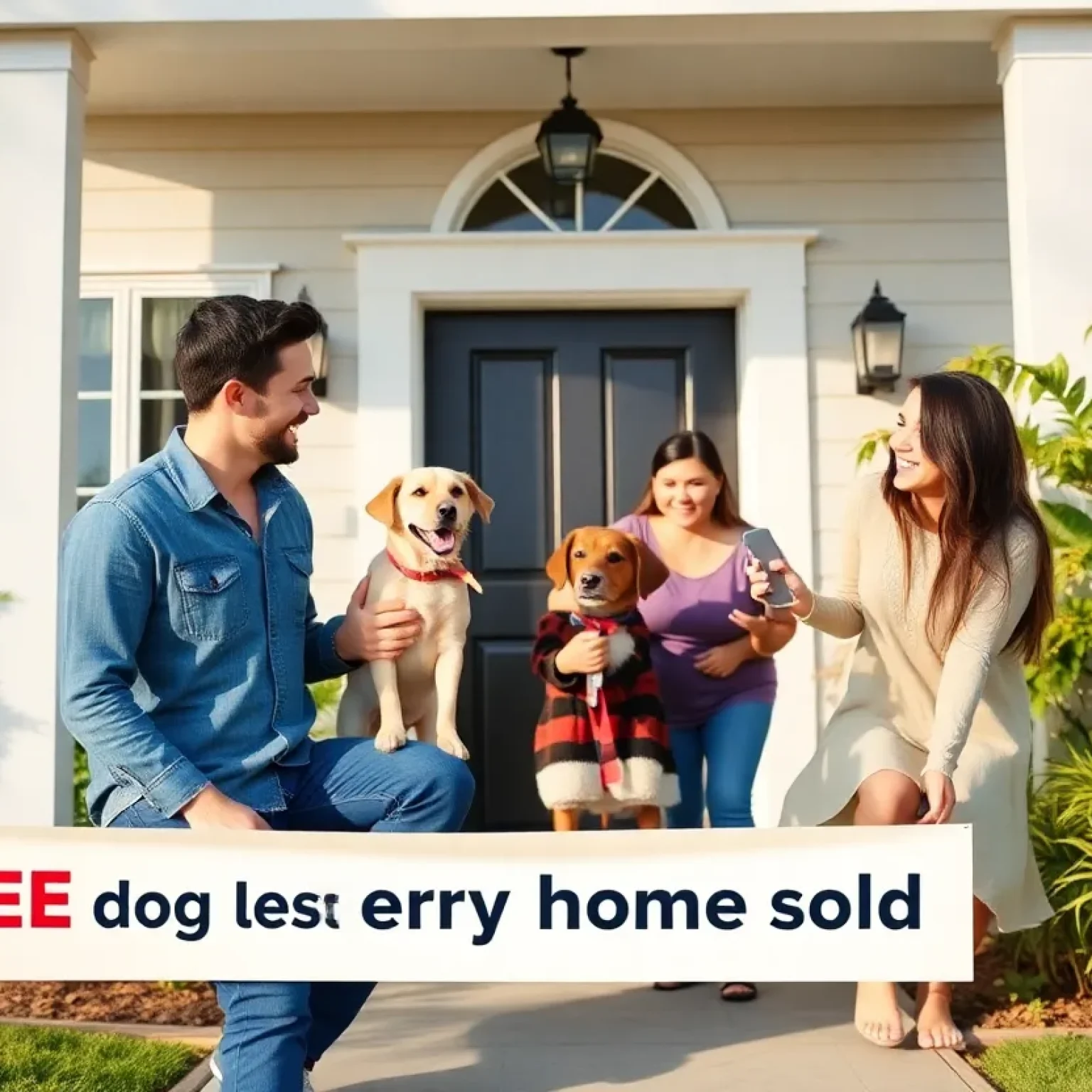 Family adopting a dog in front of their new home