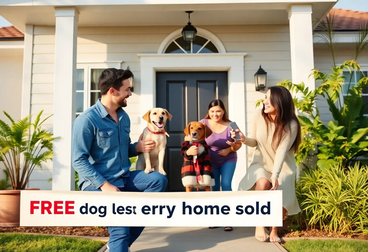 Family adopting a dog in front of their new home