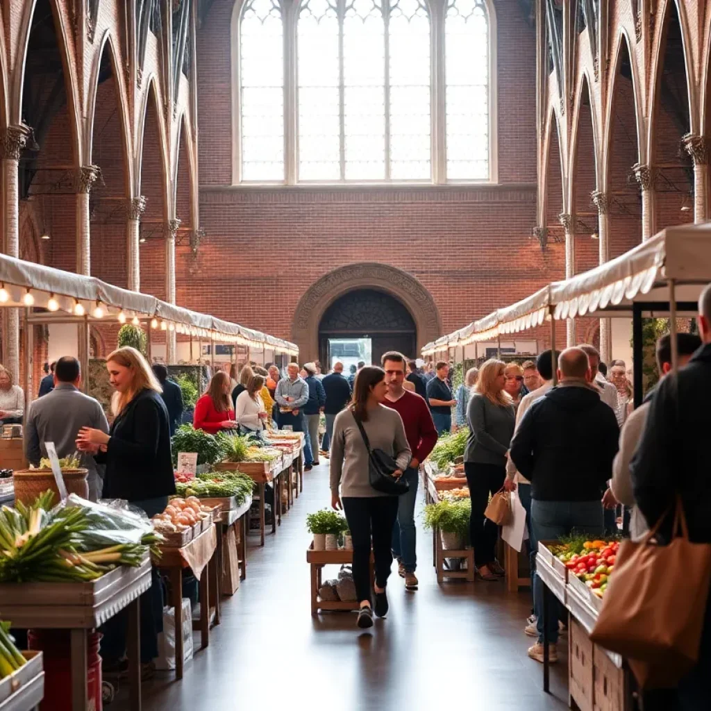 Interior view of the indoor farmers market in a historic church with various vendors and community members.