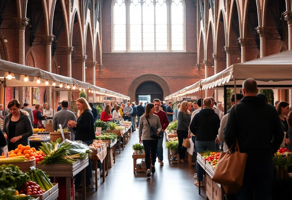 Interior view of the indoor farmers market in a historic church with various vendors and community members.