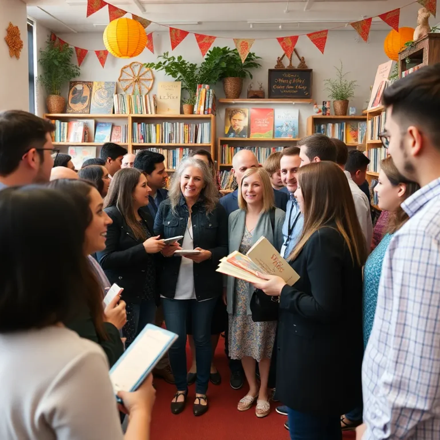 A lively book launch event at a bookstore with people gathered around.