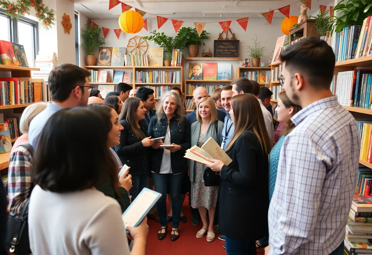 A lively book launch event at a bookstore with people gathered around.