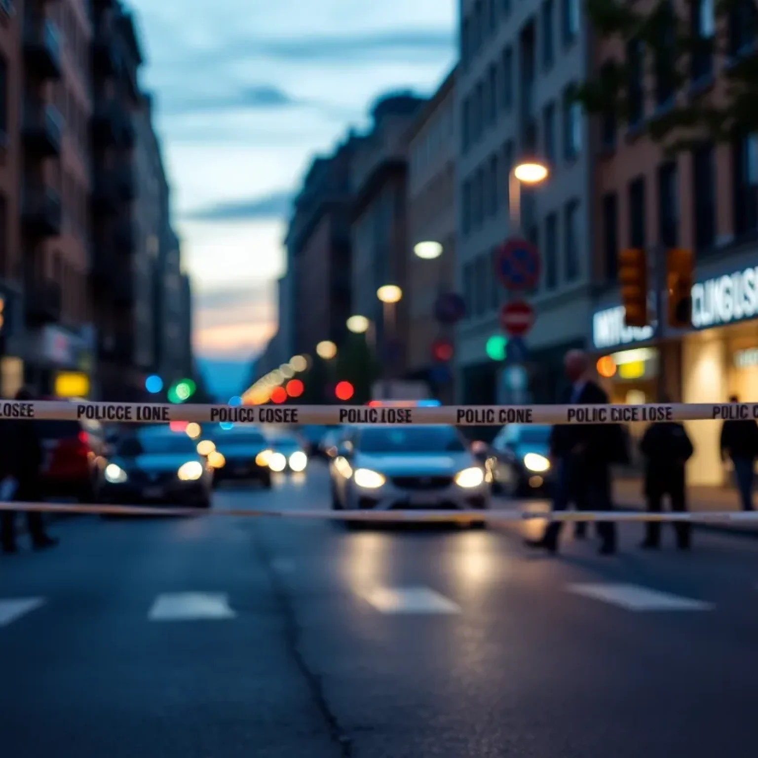 Police officers at a crime scene with police tape.