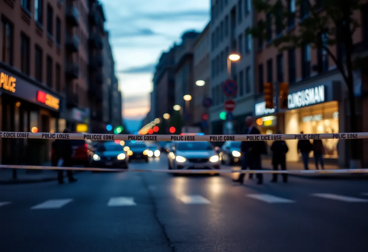 Police officers at a crime scene with police tape.