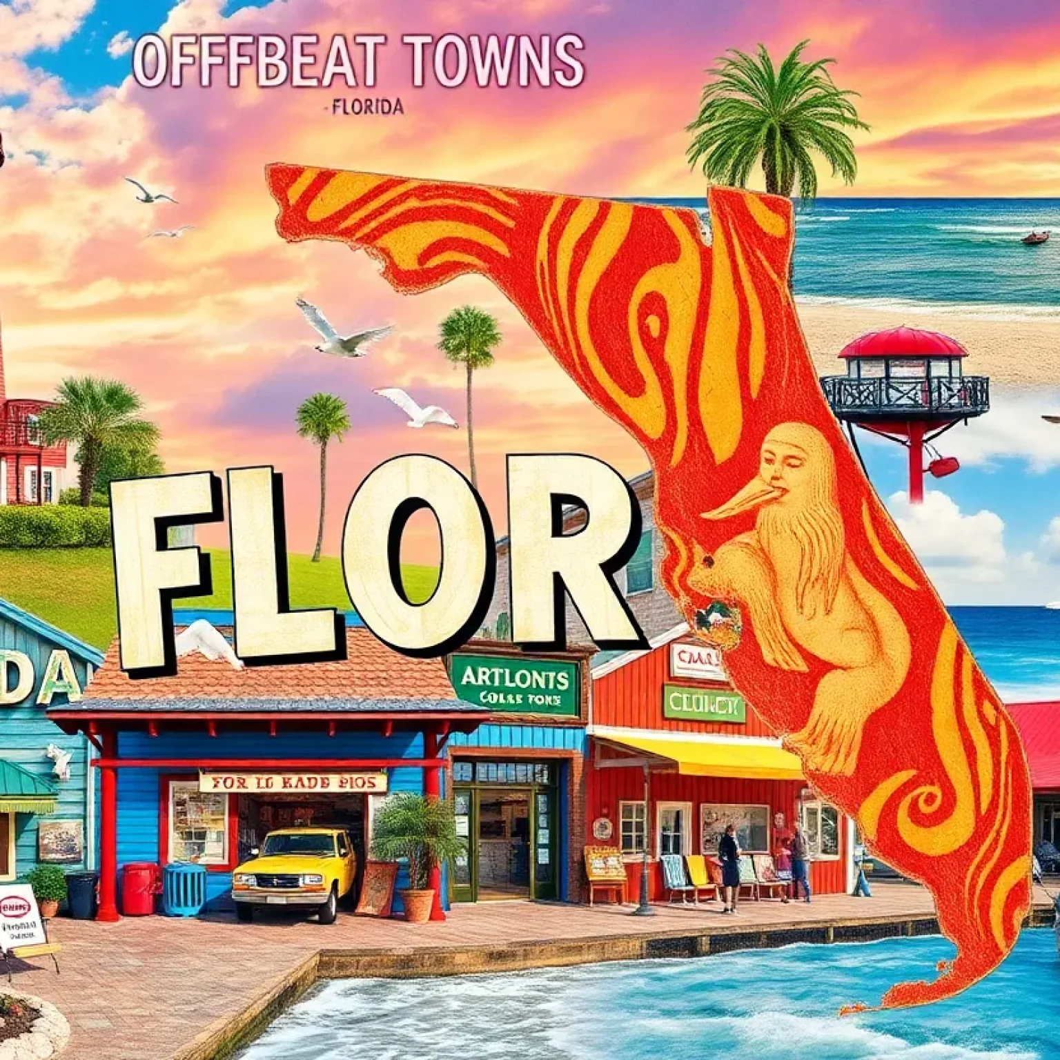 A vibrant representation of the quirky towns in Florida featuring various landmarks and festivals.