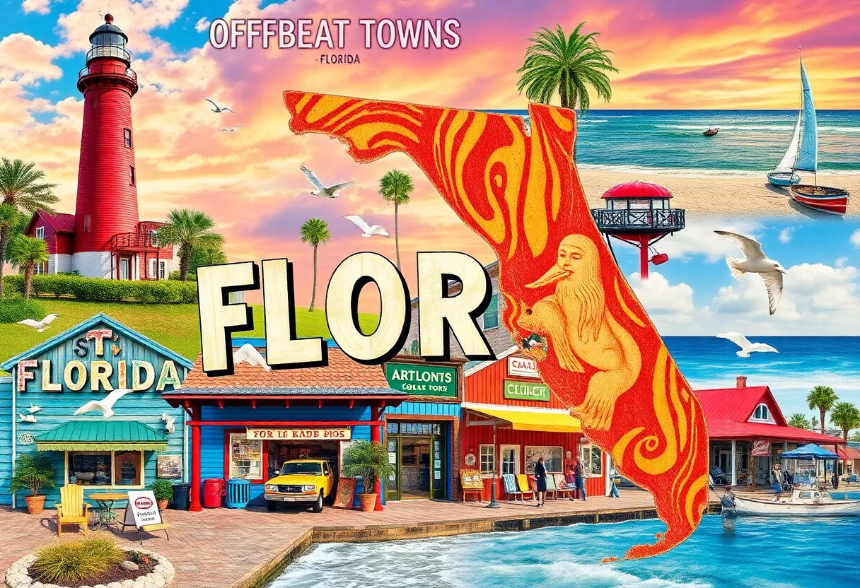 A vibrant representation of the quirky towns in Florida featuring various landmarks and festivals.