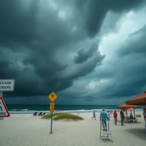 Beach scene with storm clouds and lightning warning signs