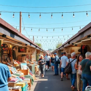 Community members enjoying the St. Pete Indie Flea Market with various vendors set up.