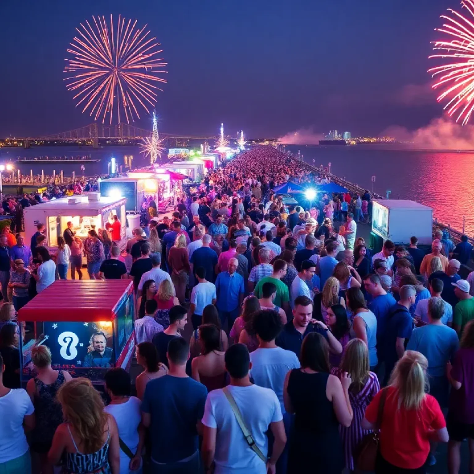 Crowd enjoying the St. Pete Pier anniversary celebration with fireworks in the background