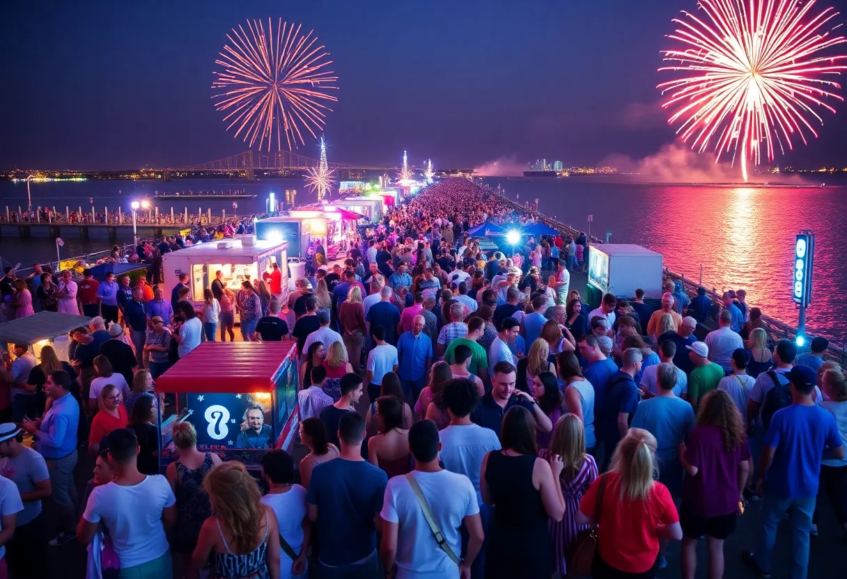 Crowd enjoying the St. Pete Pier anniversary celebration with fireworks in the background