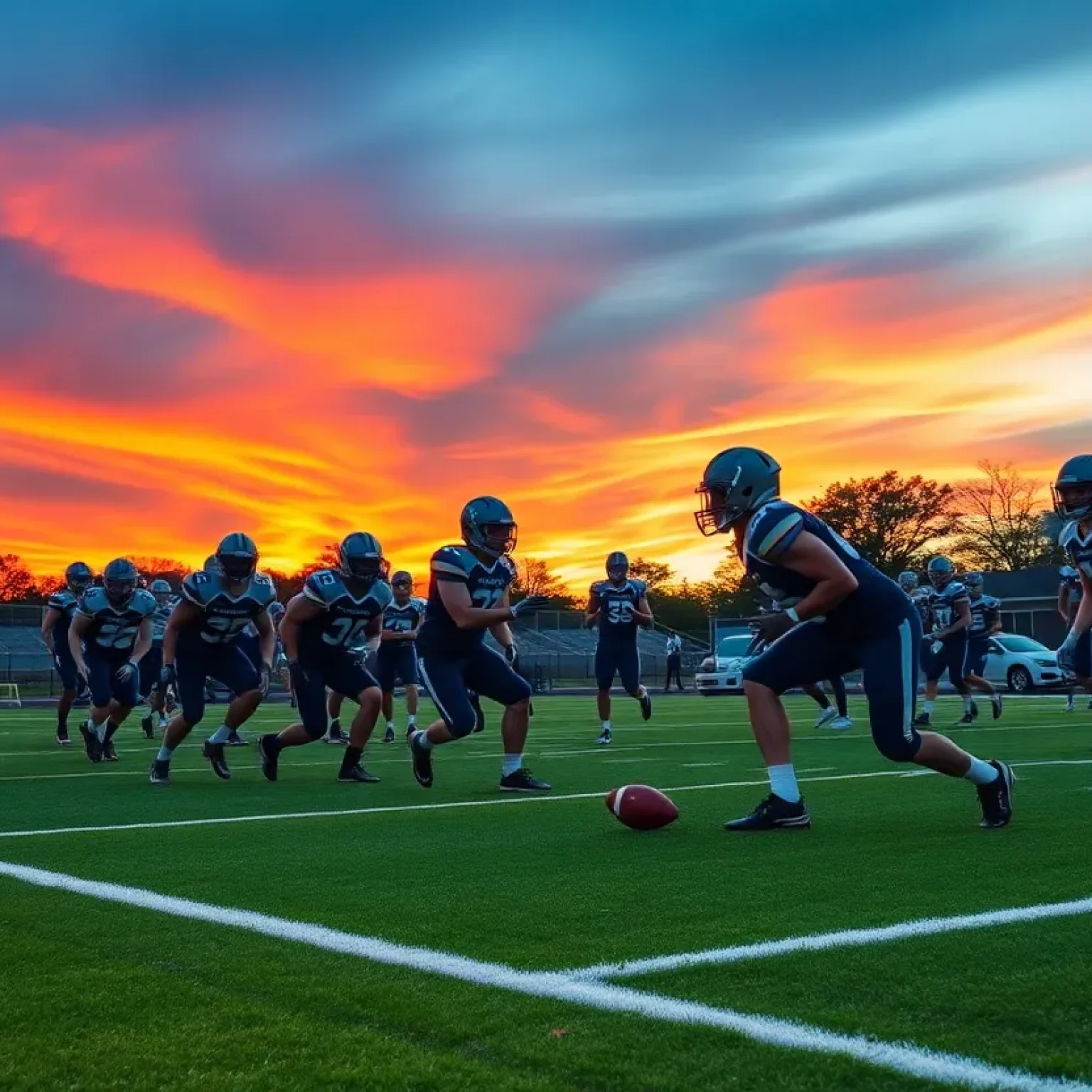 Football team practicing on a field at sunset