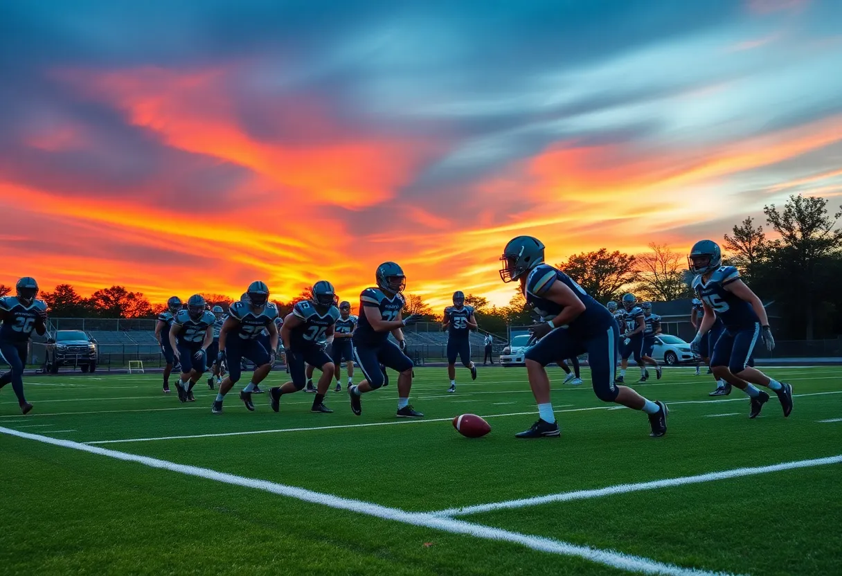 Football team practicing on a field at sunset