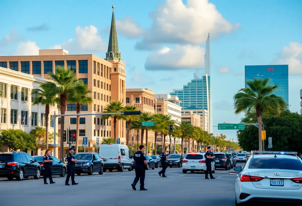 St. Petersburg cityscape with visible police presence.