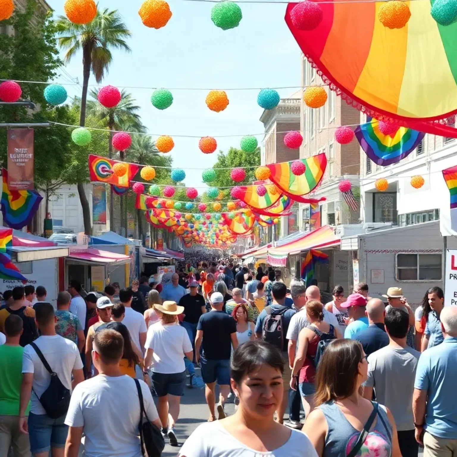 Crowd celebrating at St. Petersburg Pride Festival with rainbow flags