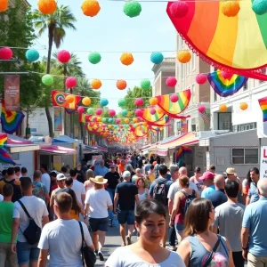 Crowd celebrating at St. Petersburg Pride Festival with rainbow flags
