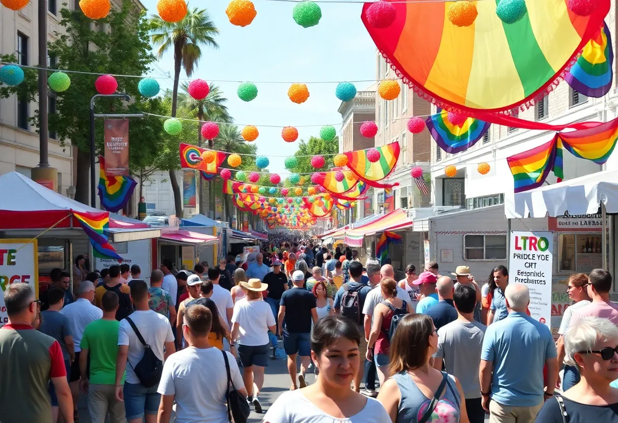 Crowd celebrating at St. Petersburg Pride Festival with rainbow flags