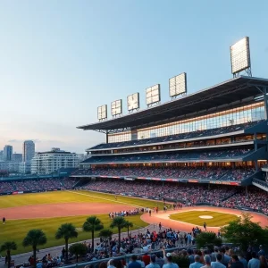 Conceptual illustration of a baseball stadium in St. Petersburg's urban landscape.