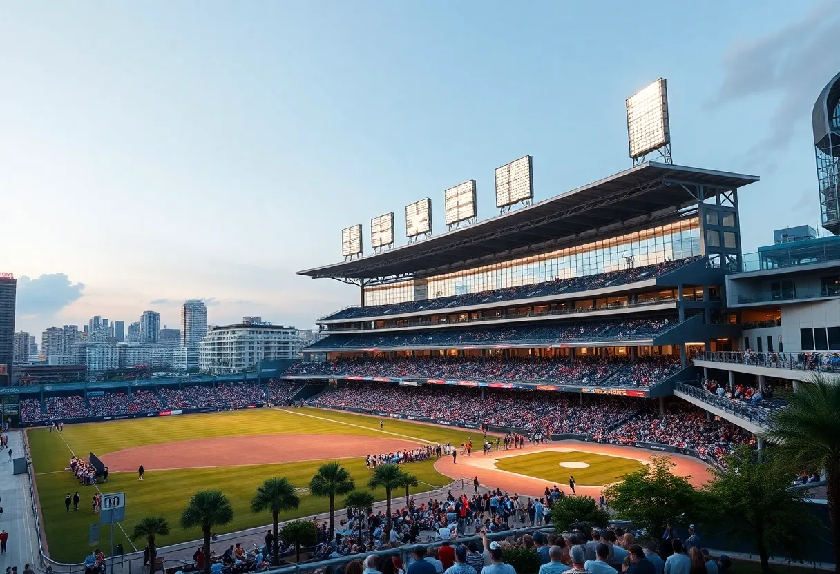 Conceptual illustration of a baseball stadium in St. Petersburg's urban landscape.