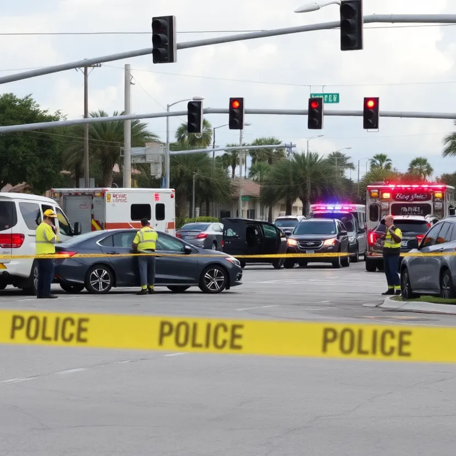 Emergency responders at the scene of a shooting and crash in St. Petersburg