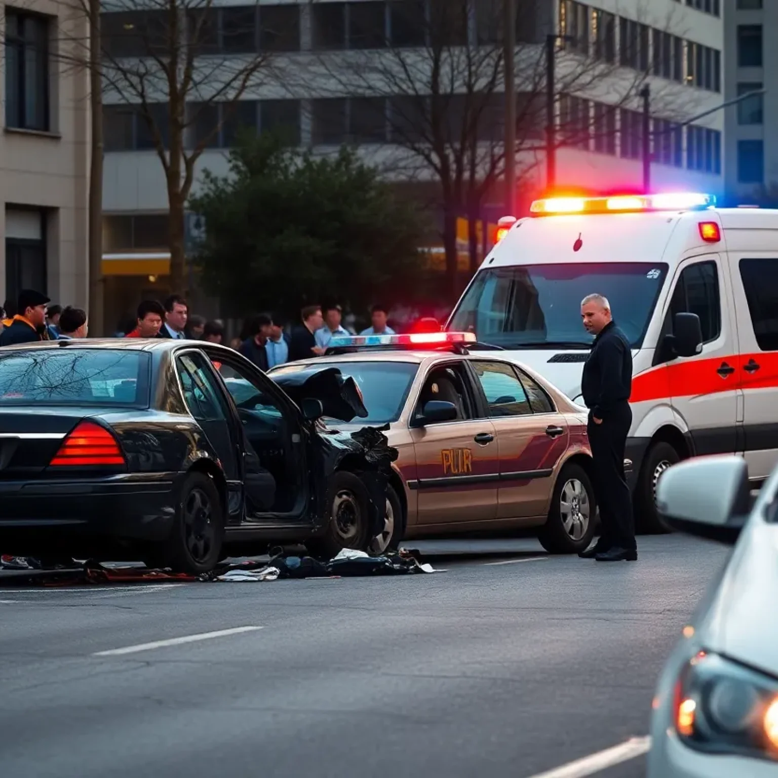 Police and ambulance at a vehicle crash scene in St. Petersburg after a shooting incident.
