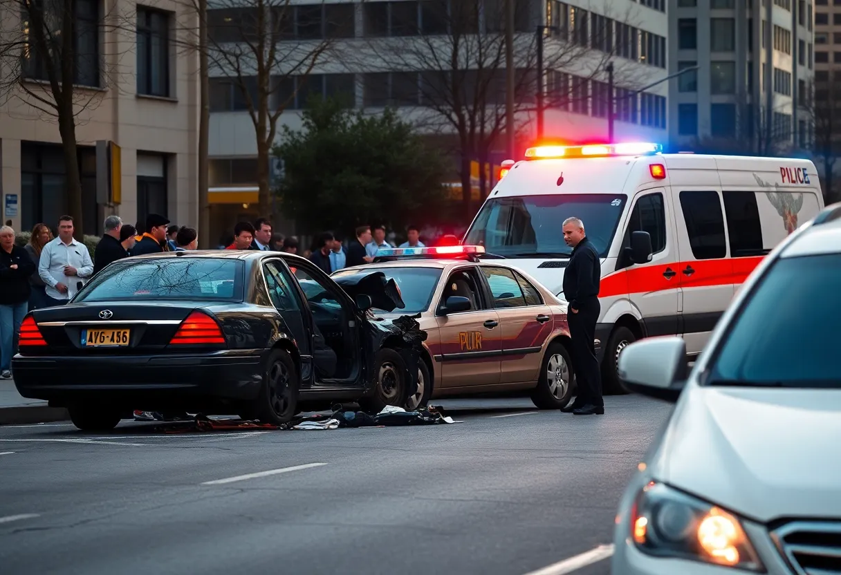 Police and ambulance at a vehicle crash scene in St. Petersburg after a shooting incident.