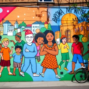 A colorful street mural in St. Petersburg depicting social themes and cultural expression.