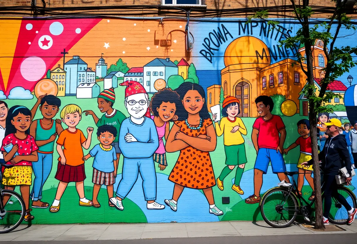 A colorful street mural in St. Petersburg depicting social themes and cultural expression.