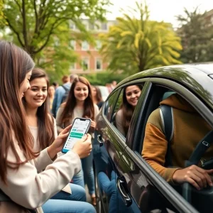 College students interacting with a carpooling app on a campus