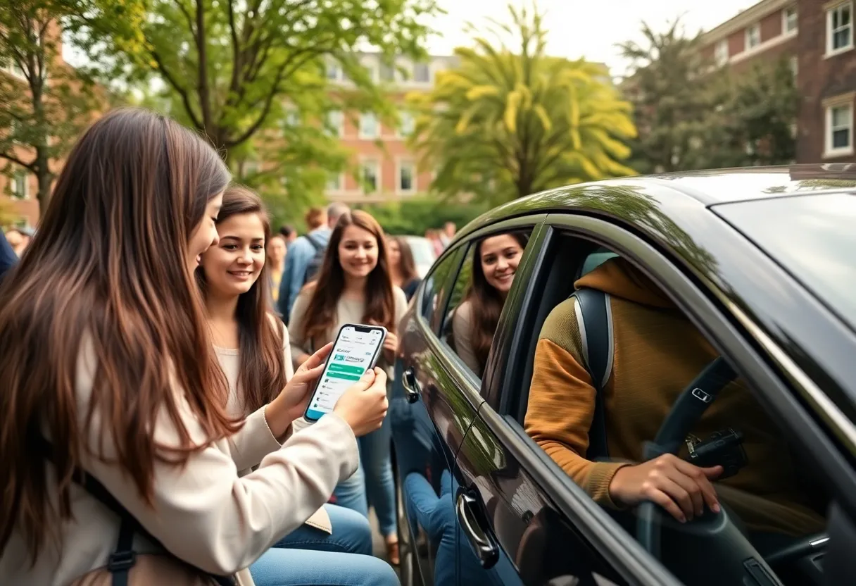 College students interacting with a carpooling app on a campus