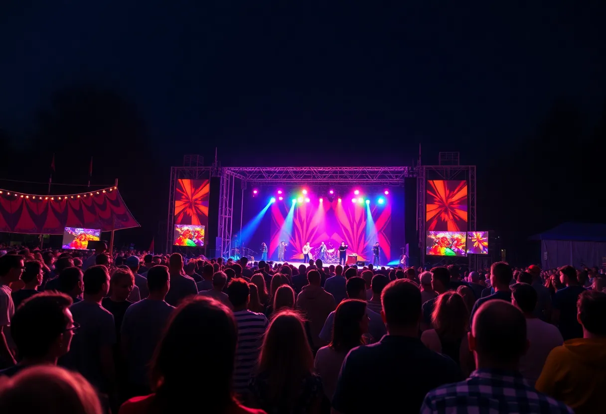 Crowd enjoying a concert at Tampa Bay with a colorful stage