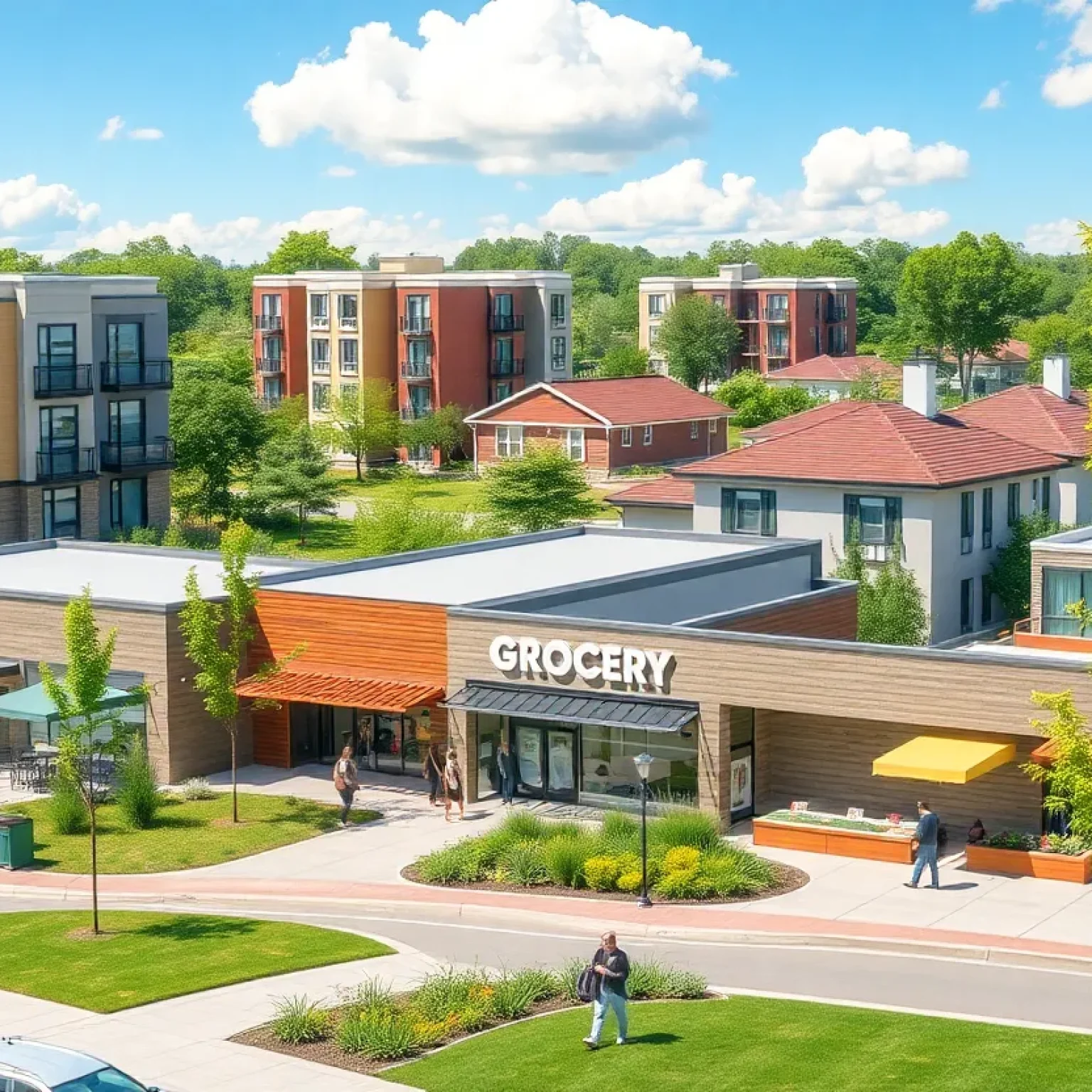 Rendering of the Tangerine Plaza redevelopment featuring residential and commercial spaces.