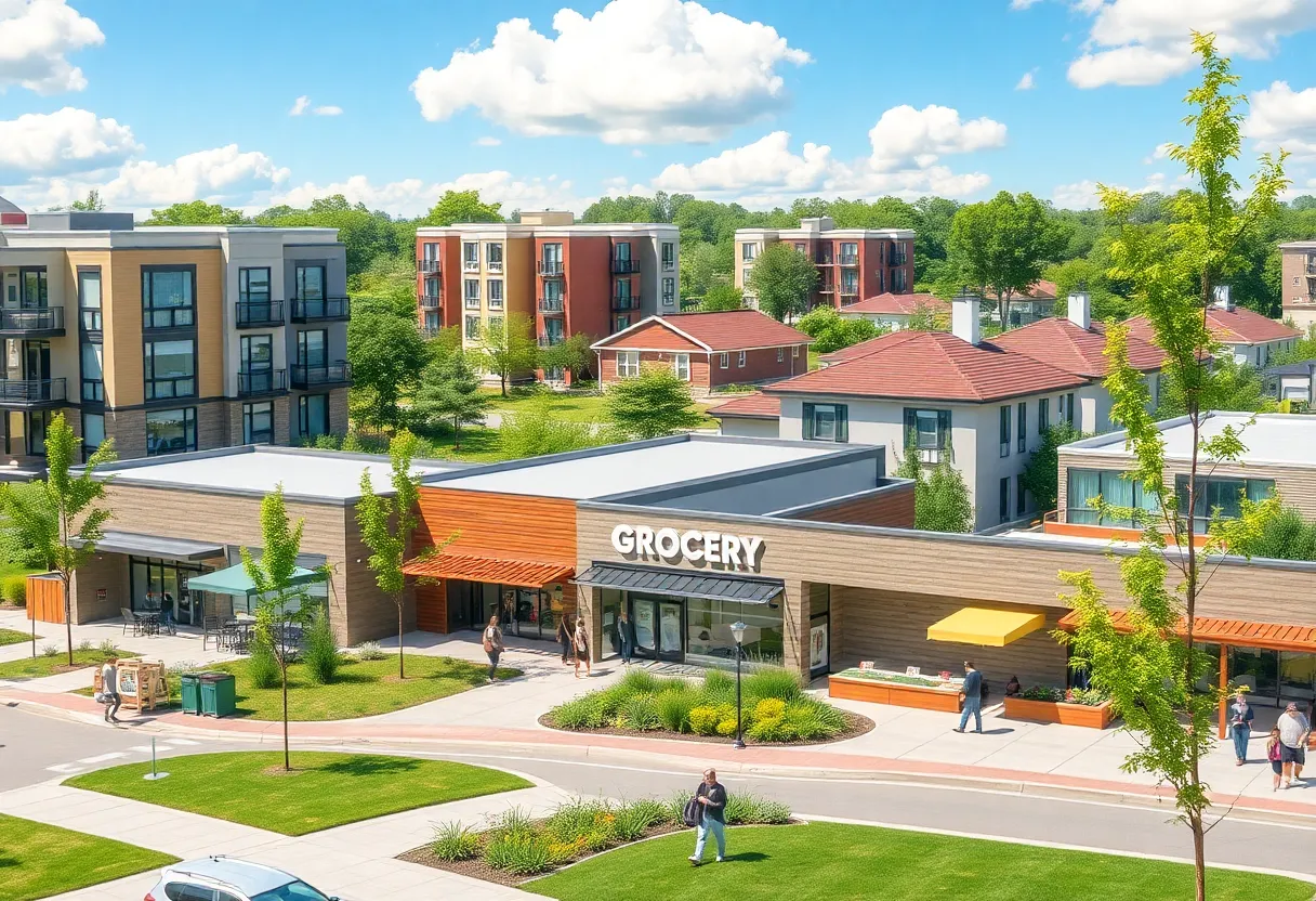 Rendering of the Tangerine Plaza redevelopment featuring residential and commercial spaces.