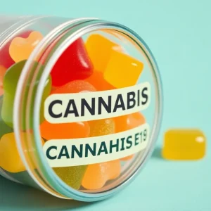 Colorful gummy candies in a childproof container